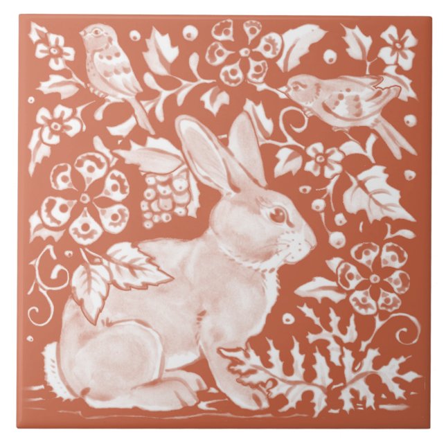 Teal Tan Rust Rabbit Bird Woodland Faces Right Tile (Front)