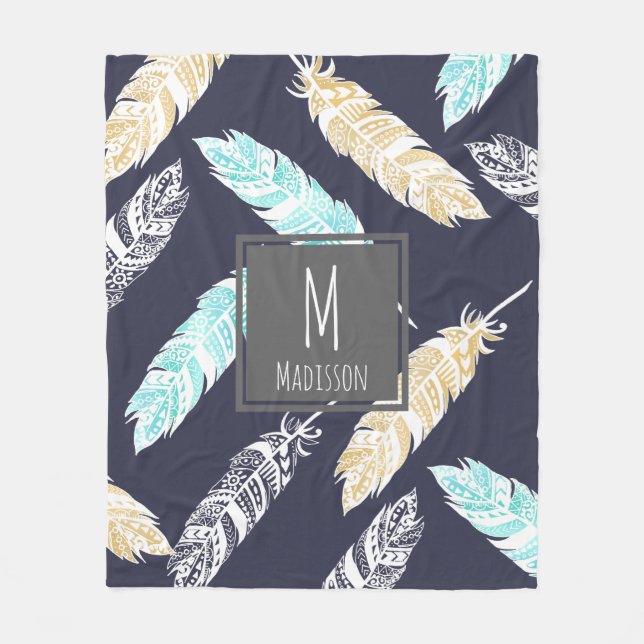 Teal Tan White Boho Tribal Feathers - Personalised Fleece Blanket (Front)