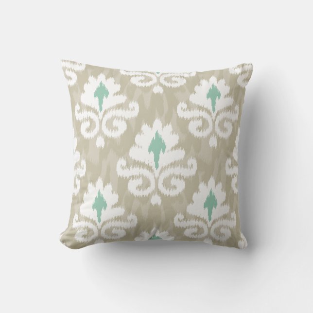 Teal & Taupe Ikat Turquoise Ethnic Boho Print Cushion (Front)