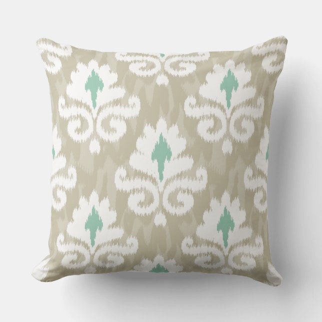 Teal & Taupe Ikat Turquoise Ethnic Boho Print Cushion (Front)
