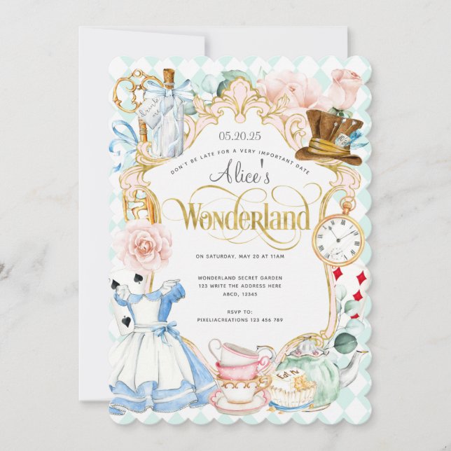Teal Tea party Alice in wonderland girl birthday I Invitation (Front)