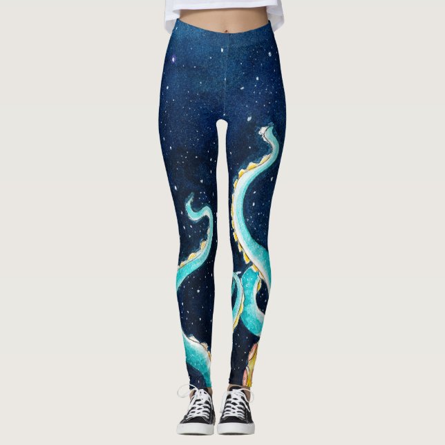 Teal Tentacles Galaxy Stars Watercolor Leggings (Front)