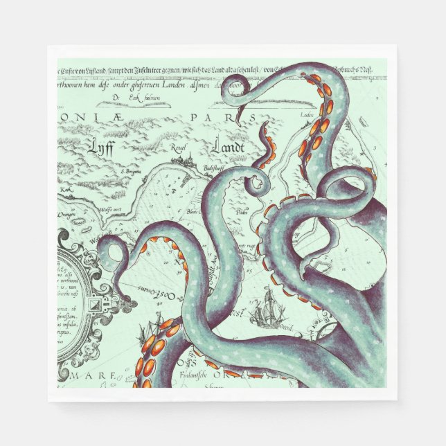 Teal Tentacles On Teal Vintage Map Napkin (Front)