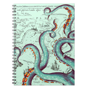 Teal Tentacles On Teal Vintage Map Notebook