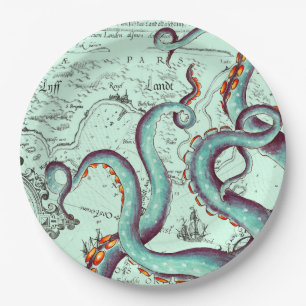 Teal Tentacles On Teal Vintage Map Paper Plate