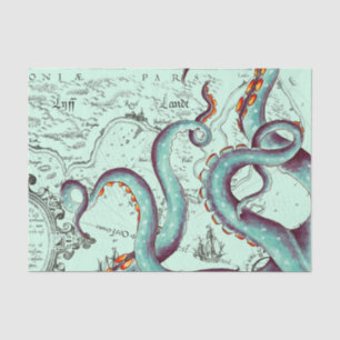 Teal Tentacles On Teal Vintage Map Tissue Paper