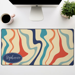 Teal, Terracotta, And Navy Retro Groovy Waves Desk Mat