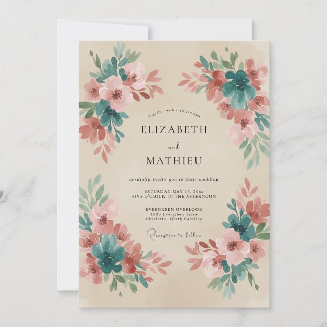 Teal Terracotta Bloom Wedding Invitation (Front)