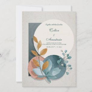 Teal Terracotta Circle Geometric Botanical Wedding Invitation