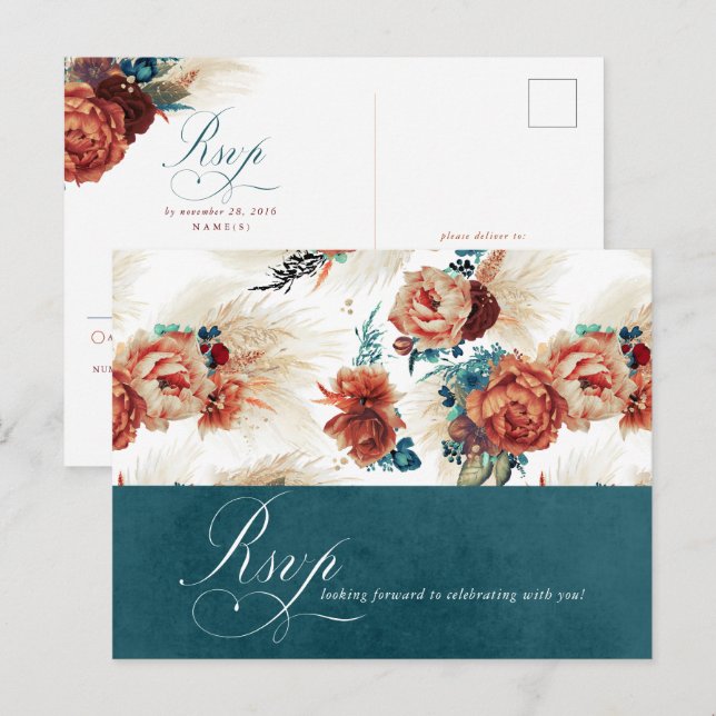 Teal Terracotta Floral Boho Wedding RSVP Postcard (Front/Back)
