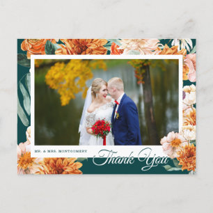 Teal Terracotta Floral Wedding Photo Thank You Postcard