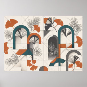 Teal Terracotta Geometric Arches Ginkgo Poster