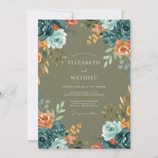 Teal Terracotta Leaf Wedding Invitation (Front)