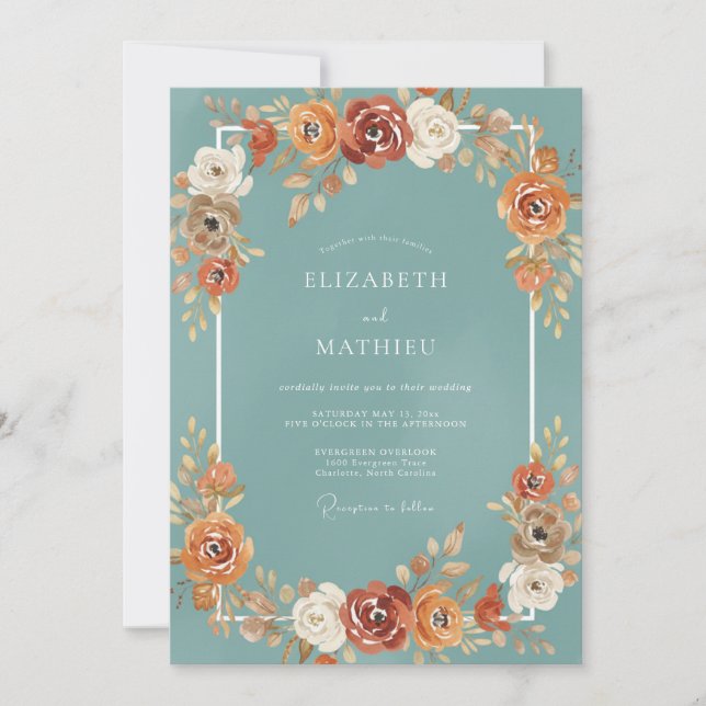Teal Terracotta Petal Wedding Invitation (Front)