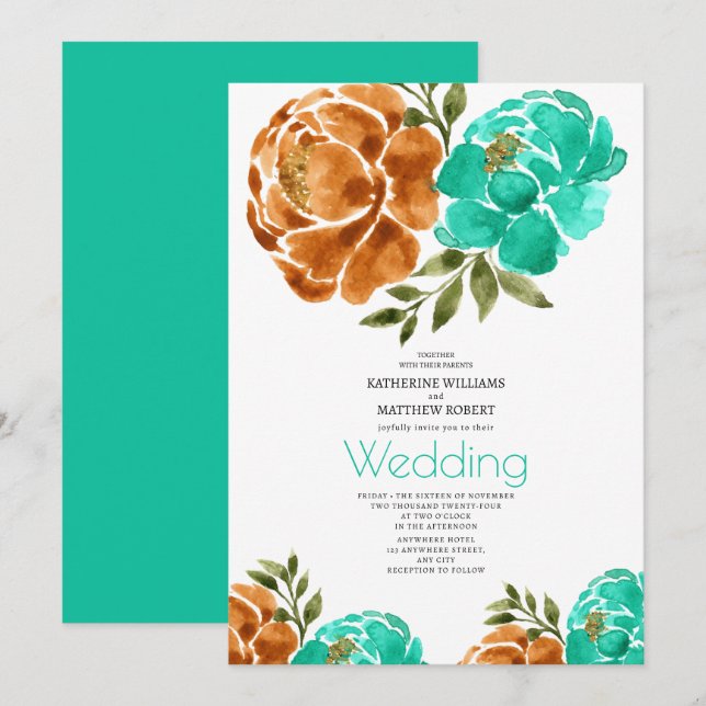 Teal Terracotta Watercolor Floral Boho  Invitation (Front/Back)