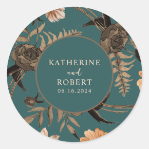 Teal terracotta watercolor floral fall wedding classic round sticker