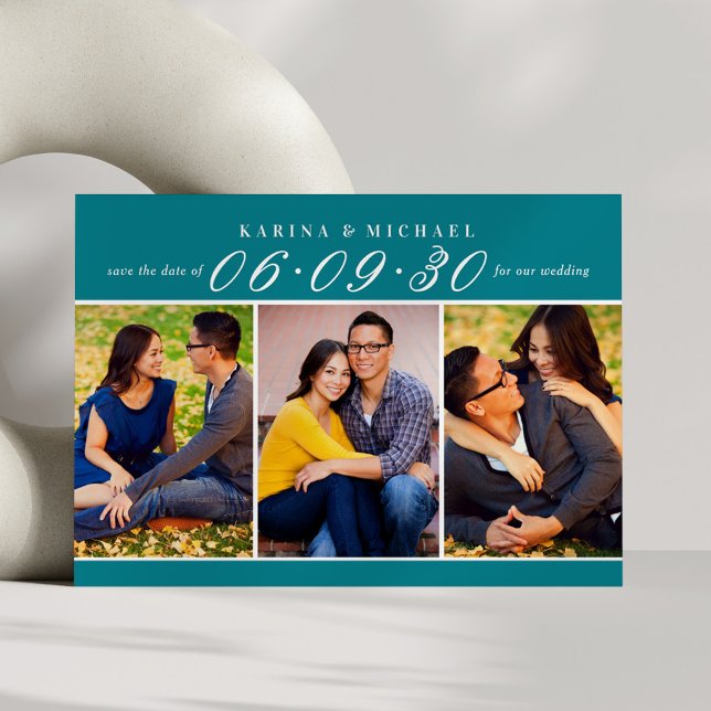 Teal Three Photo Collage Wedding Save The Date (Creator Uploaded)