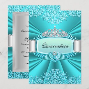 Teal Tiara Damask Quinceanera Invitation