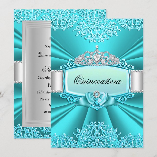 Teal Tiara Damask Quinceanera Invitation (Front/Back)