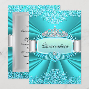 Teal Tiara Damask Quinceanera Invitation