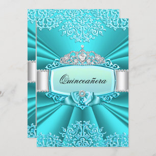 Teal Tiara Damask Quinceanera Party Invitation