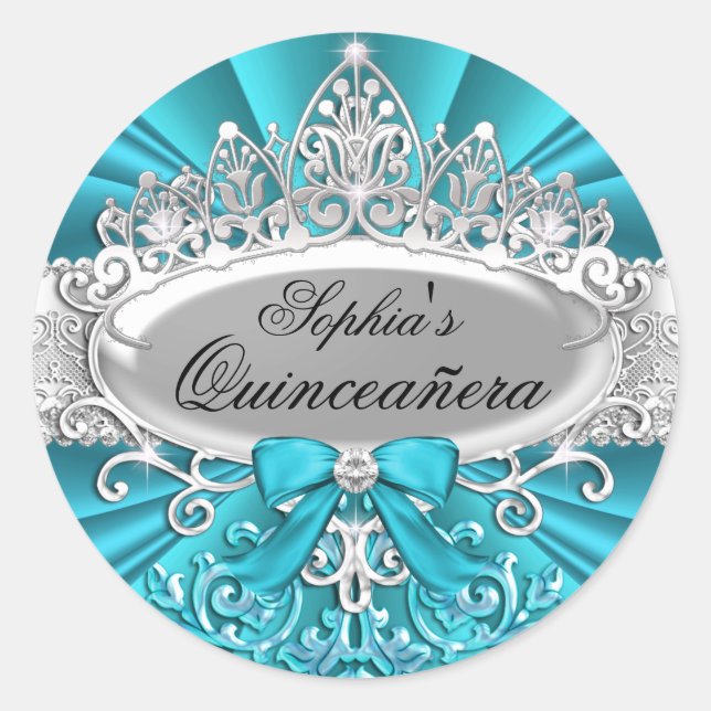 Teal Tiara & Damask Quinceanera Sticker (Front)