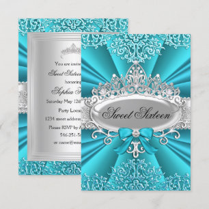 Teal Tiara & Damask Sweet Sixteen Invitation