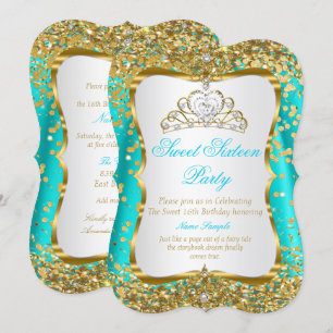 Teal Tiara Princess Sweet 16 Gold White Invite