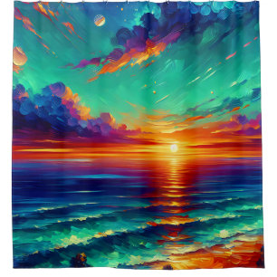 “Teal Tide: Ocean Sunset Glow” Shower Curtain