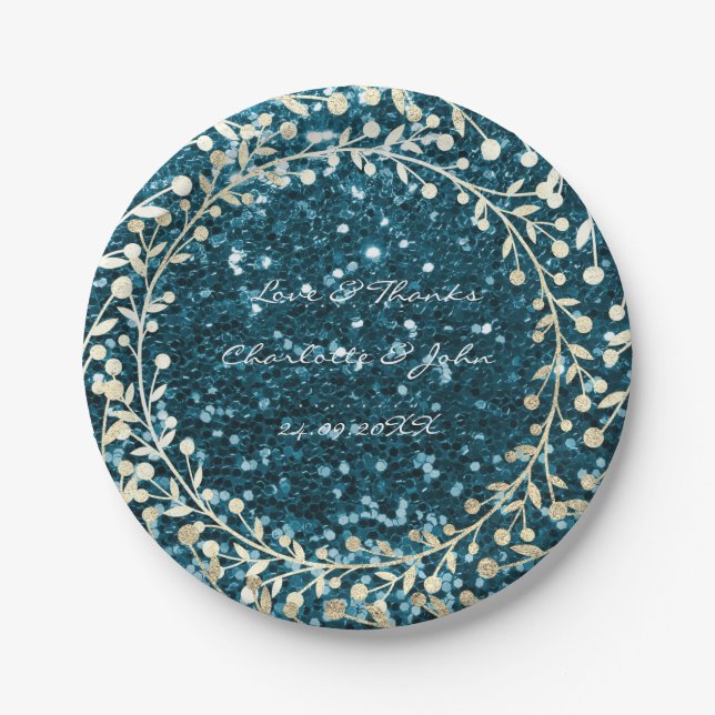 Teal Tiffany Glitter Foxier Gold Wreath Garland Paper Plate (Front)