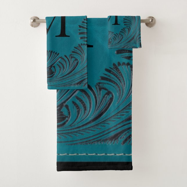 Teal Tooled Faux Leather Western Floral Decor Bath Towel Set (Insitu)