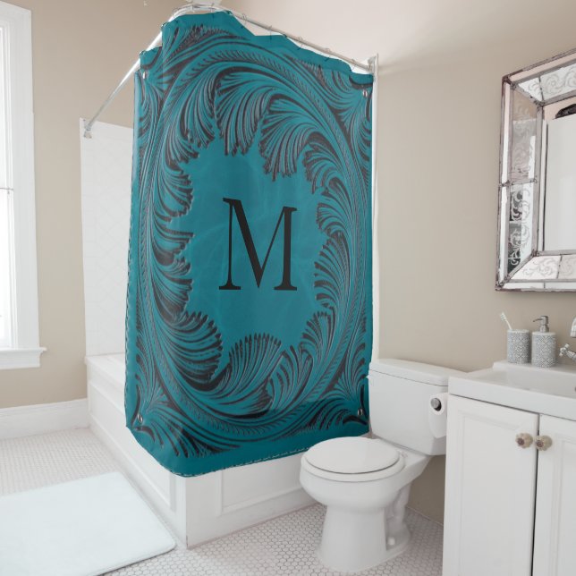 Teal Tooled Faux Leather Western Floral Decor Shower Curtain (In Situ)