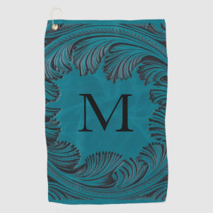 Teal Tooled Faux Leather Western Floral  Golf Towel