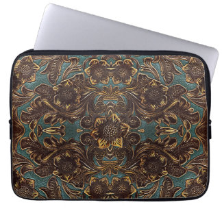 Teal Tooled Leather Laptop Sleeve
