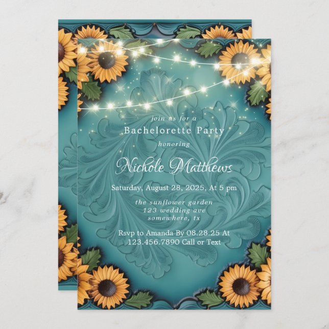 Teal Tooled Leather Sunflower Bachelorette Party Invitation (Front/Back)