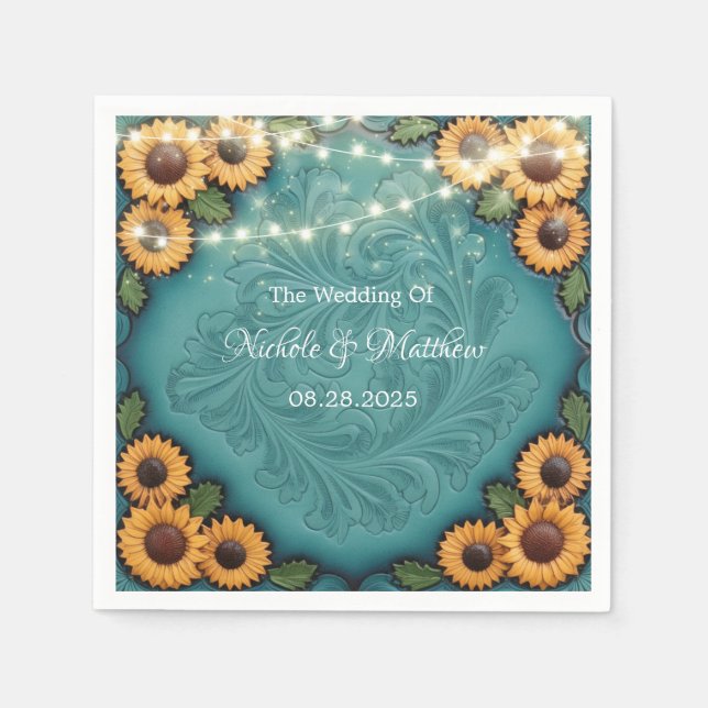 Teal Tooled Leather Sunflower Border Wedding Napkin (Front)