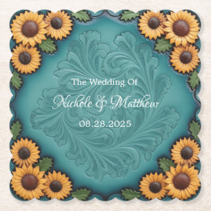 Teal Tooled Leather Sunflower Border Wedding Paper Coaster