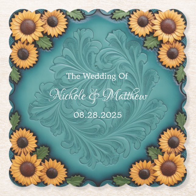 Teal Tooled Leather Sunflower Border Wedding Paper Coaster (Front)