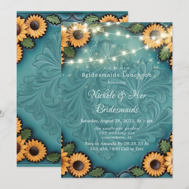 Teal Tooled Leather Sunflower Bridesmaids Luncheon Invitation (Front/Back)