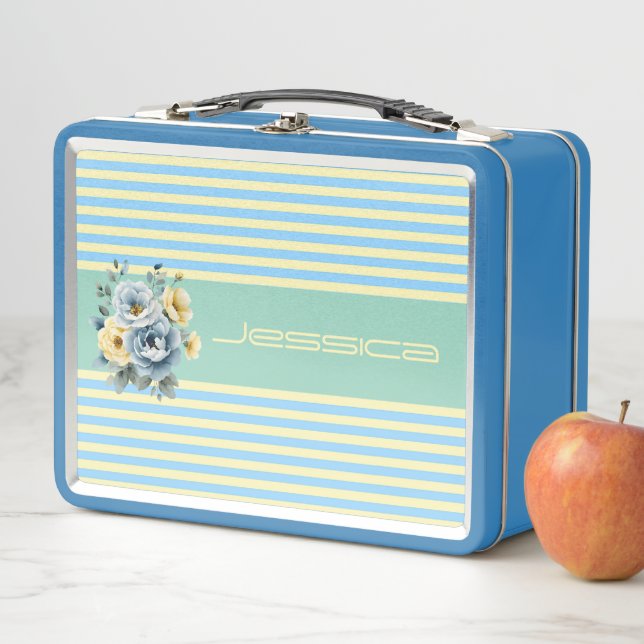 Teal Top with Cream Stripes Floral Metal Lunch Box (In Situ)