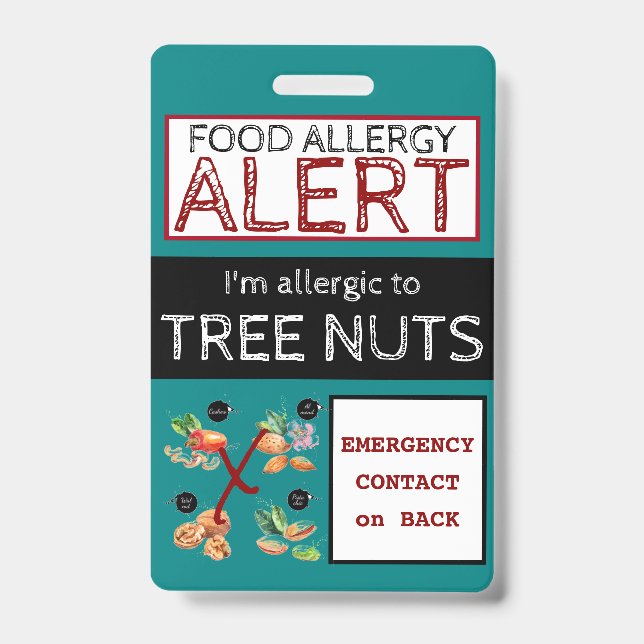 Teal Tree Nut Food Allergy Alert Label ID Badge (Front)