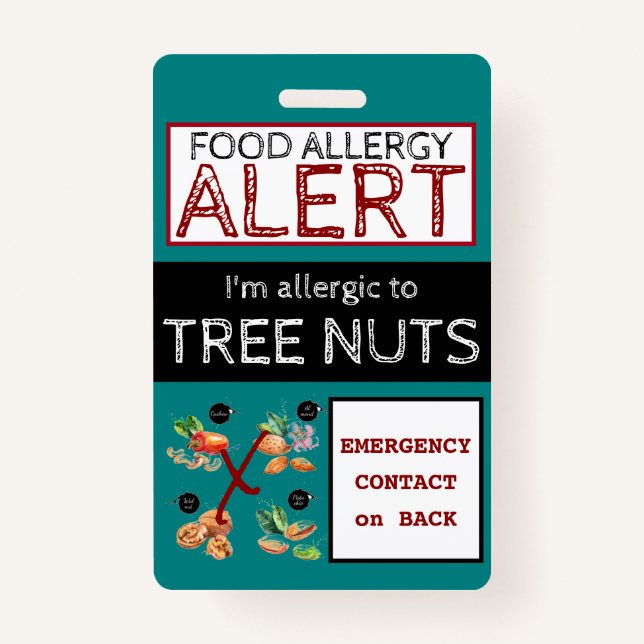 Teal Tree Nut Food Allergy Alert Label ID Badge (Front)