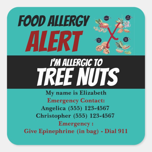 Teal Tree Nut Food Allergy Alert Warning Label (Front)