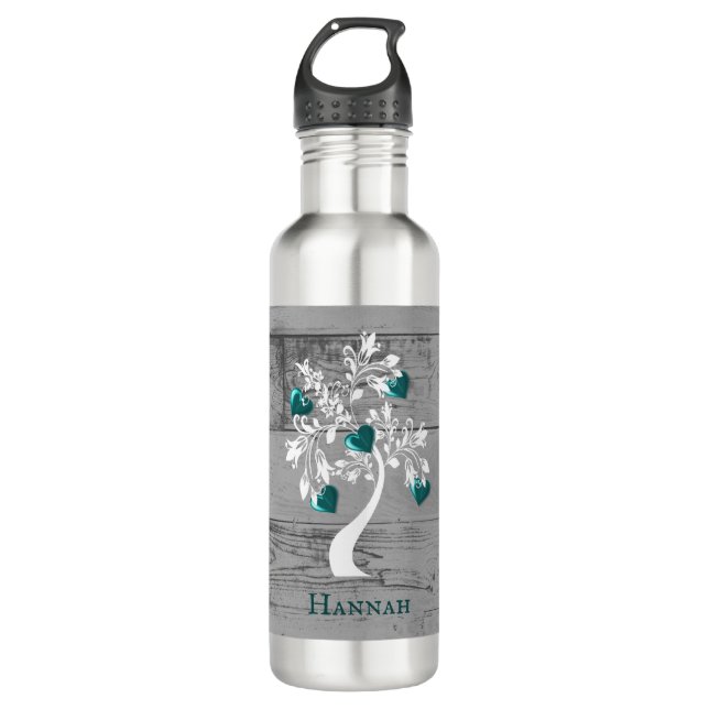 Teal Tree of Hearts Personalised 710 Ml Water Bottle (Front)
