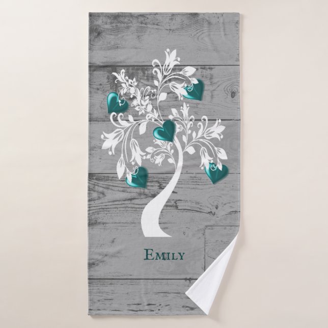 Teal Tree of Hearts Personalised Bath Towel Set (Bath Towel)