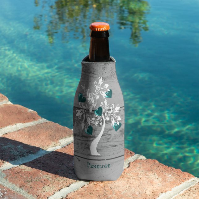 Teal Tree of Hearts Personalised Bottle Cooler (In Situ Pool)