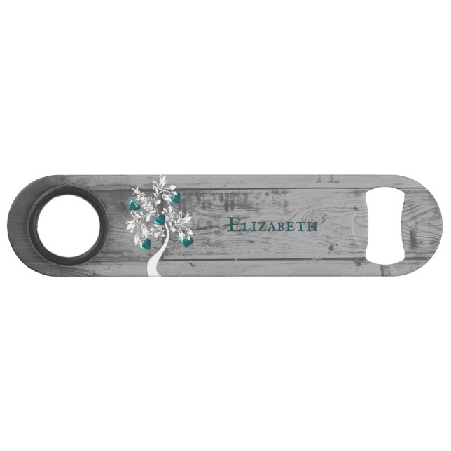Teal Tree of Hearts Personalised Bottle Opener (Front (Horizontal))