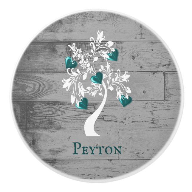 Teal Tree of Hearts Personalised Ceramic Knob (Front)