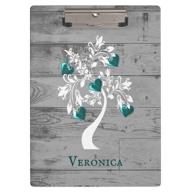 Teal Tree of Hearts Personalised Clipboard (Front)