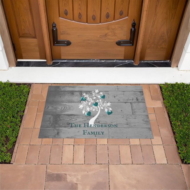 Teal Tree of Hearts Personalised Doormat (Outdoor)